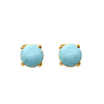 Round Solitaire Stud Earrings Yellow Tone, Natural Larimar 925 Sterling Silver 7mm